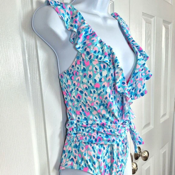 Lilly Pulitzer Delphie one-piece blue pink leopard spot print swimsuit womens 2 - Picture 7 of 13